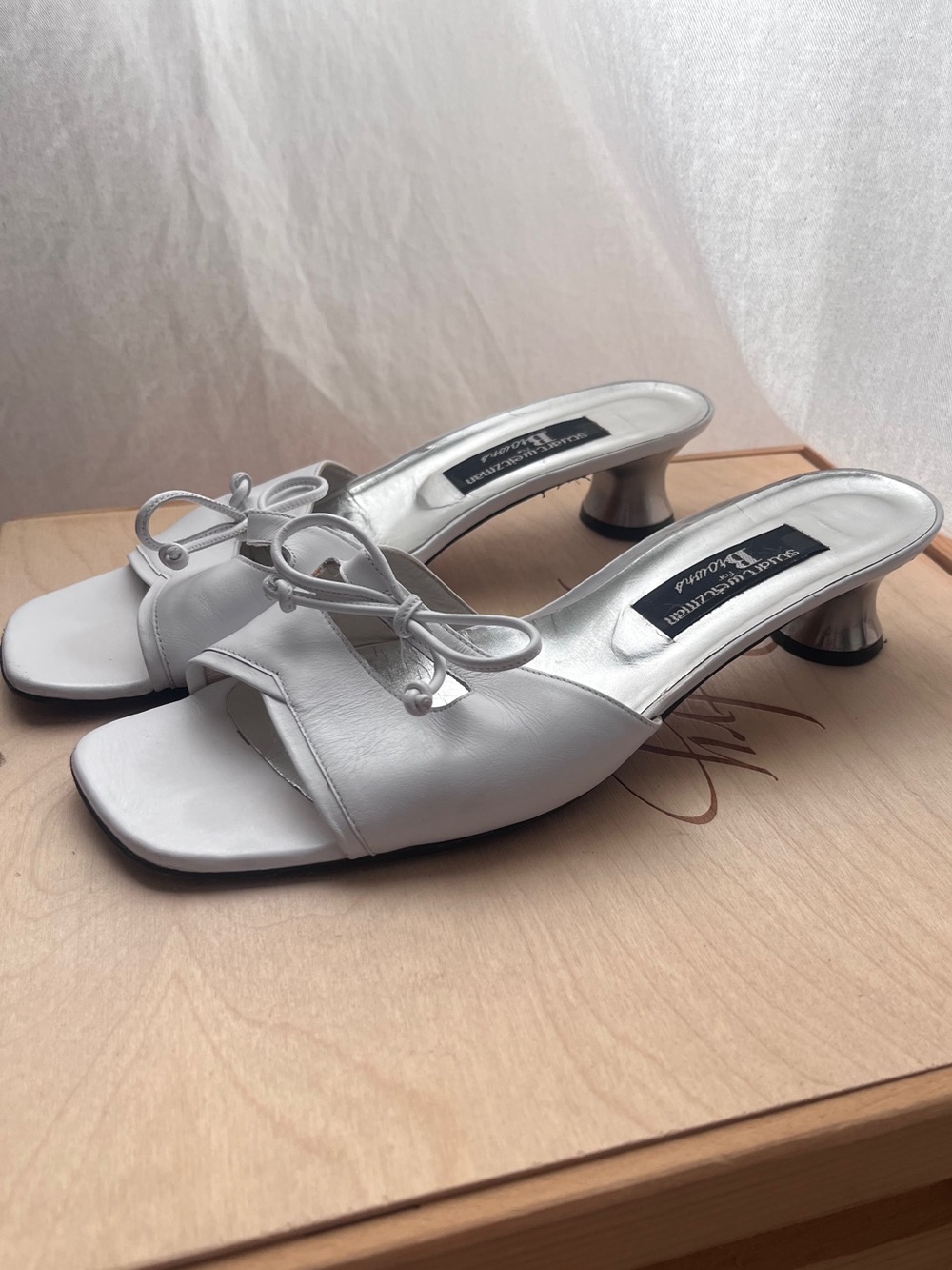 Stuart Weitzman Vintage 90s White Leather Sandals with Chrome Heels